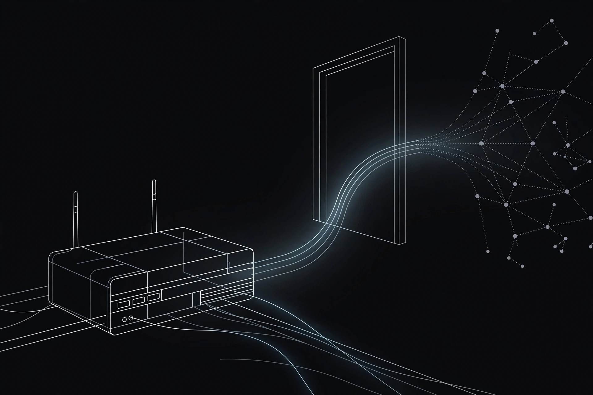 Abstract line art of a router with cables flowing through an open port to the internet, representing a port-forwarding check | ProxyNest Blog