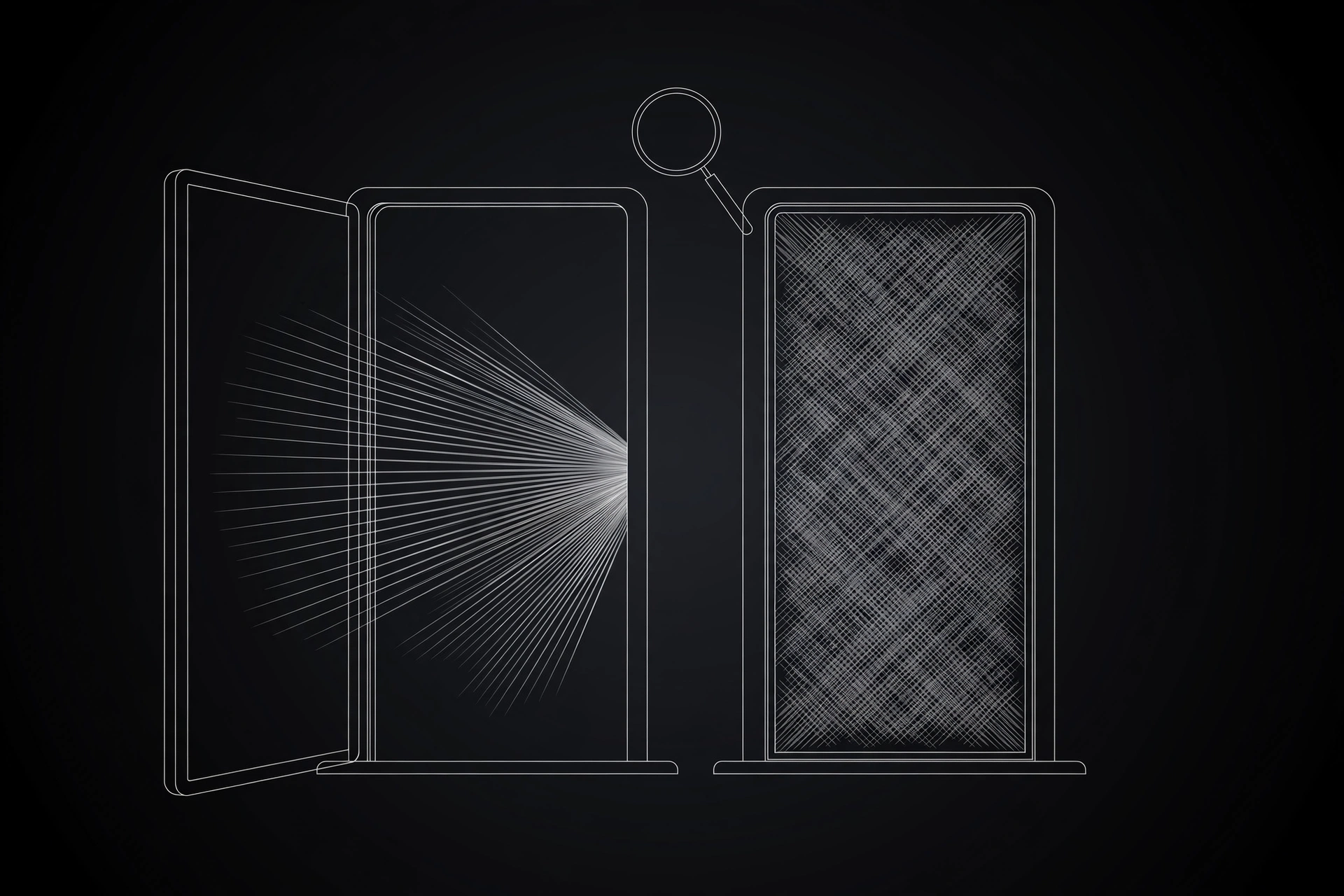 Abstract line art of two port doors, one open with light streaming through and one sealed shut, representing open versus closed port states | ProxyNest Blog