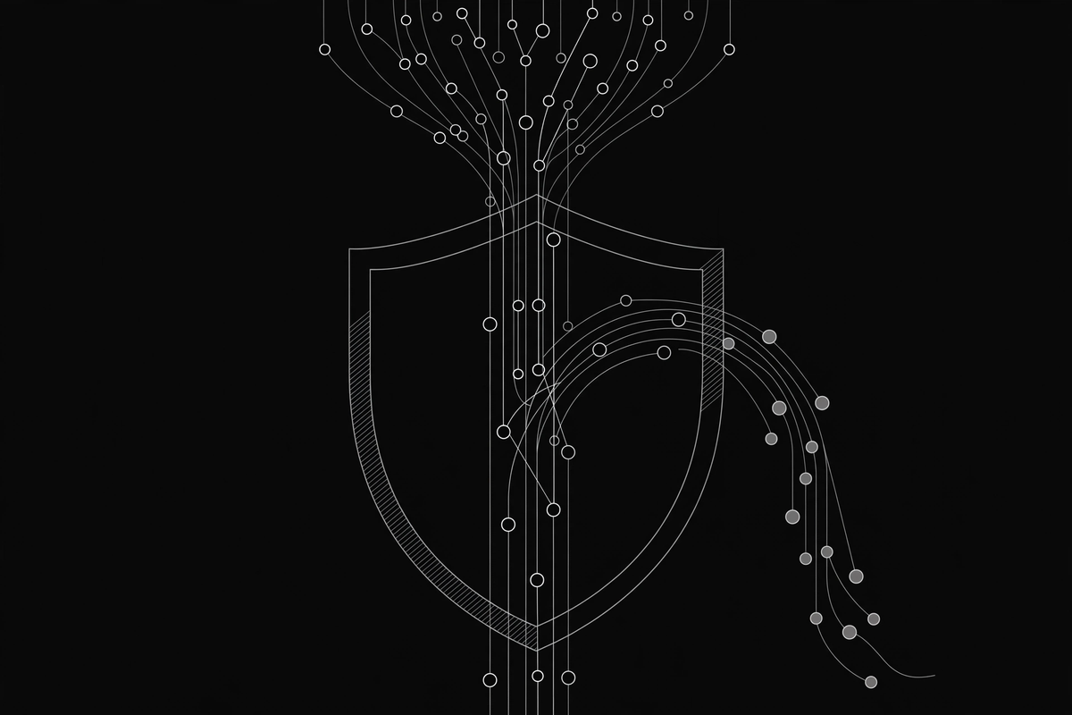 Abstract line art of DNS query nodes flowing around a shield and escaping sideways, representing a DNS leak bypassing a VPN | ProxyNest Blog