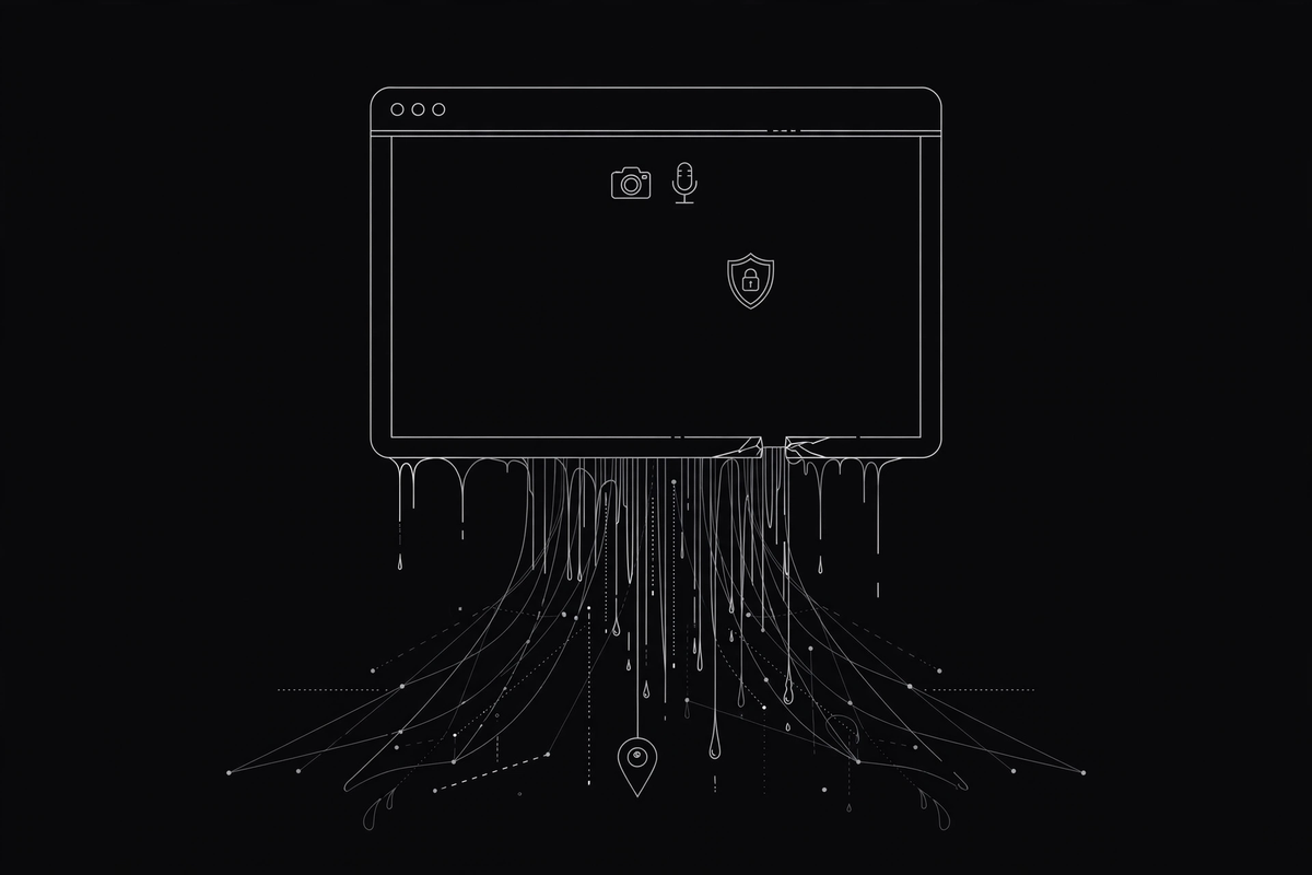 Abstract line art of a browser window with thin lines of data dripping through a gap in the frame, representing a WebRTC leak | ProxyNest Blog