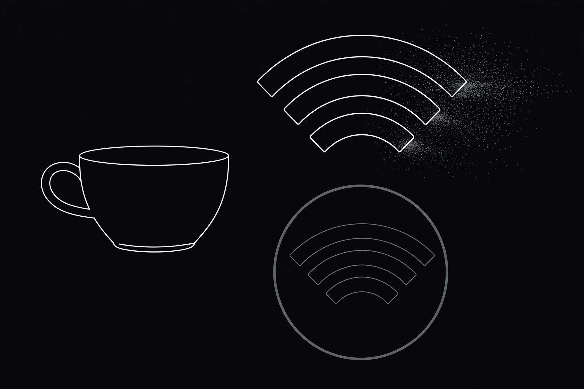 Coffee cup beside exposed and shielded Wi-Fi signal arcs, one leaking, one protected | ProxyNest Blog