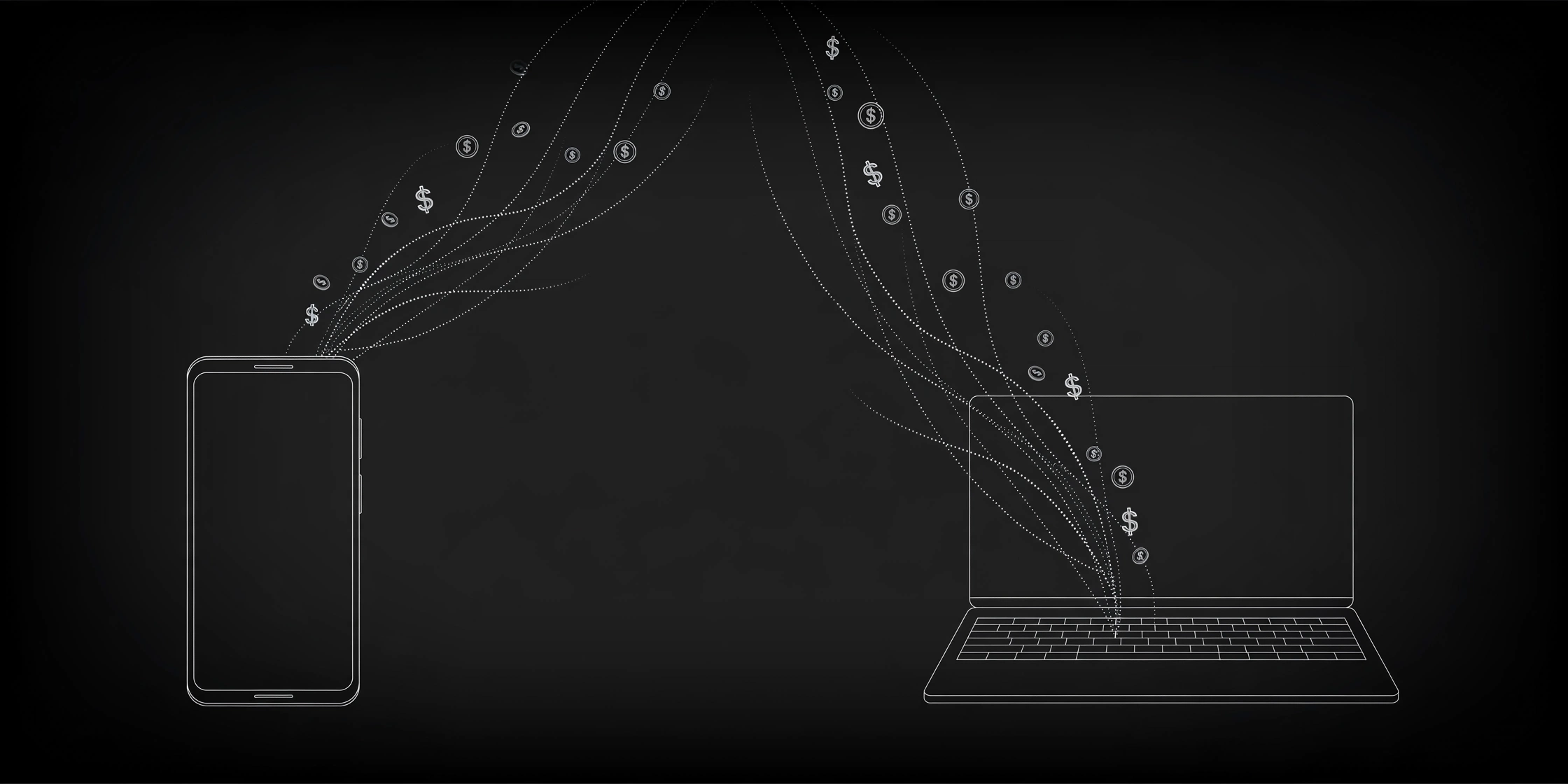 Abstract line-art of a phone and laptop with coins rising from them along data-stream lines, illustrating the bandwidth-for-cash trade