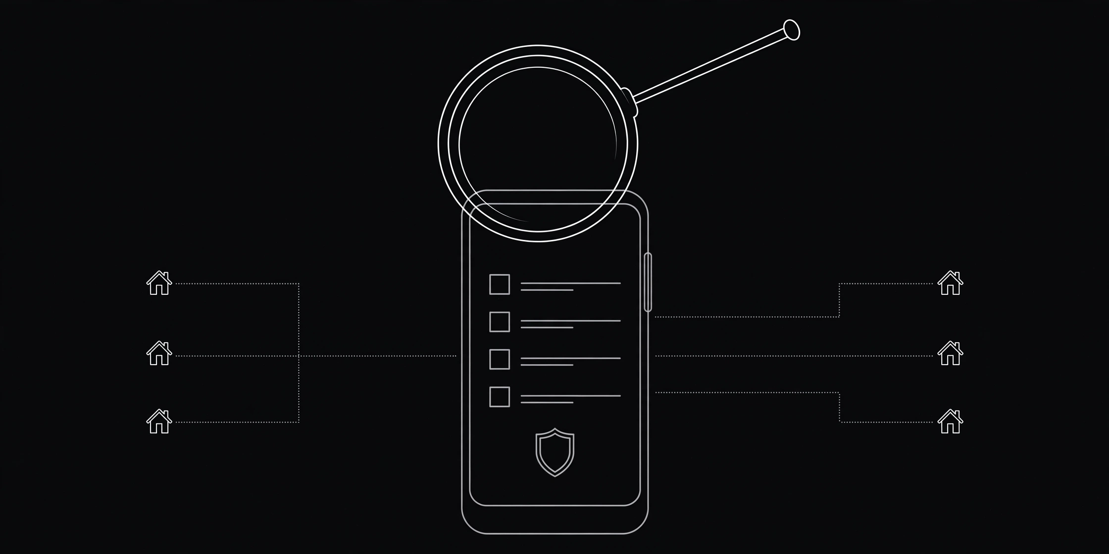Line-art illustration of a magnifying glass over a smartphone showing a checklist and shield, representing auditing your device for bandwidth-sharing apps
