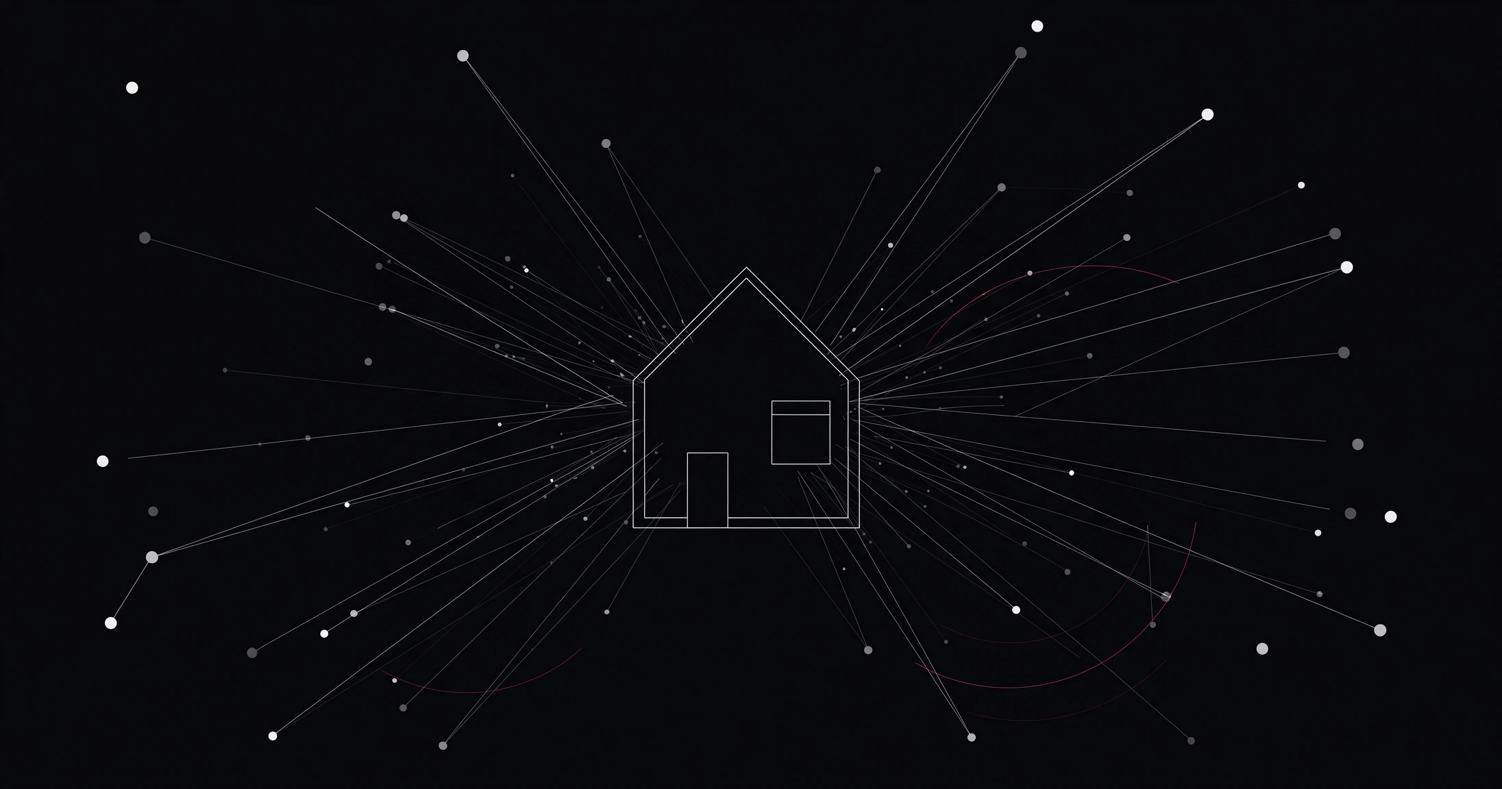 Line-art illustration of a house with connection lines radiating to network nodes, representing a home IP inside a residential proxy network