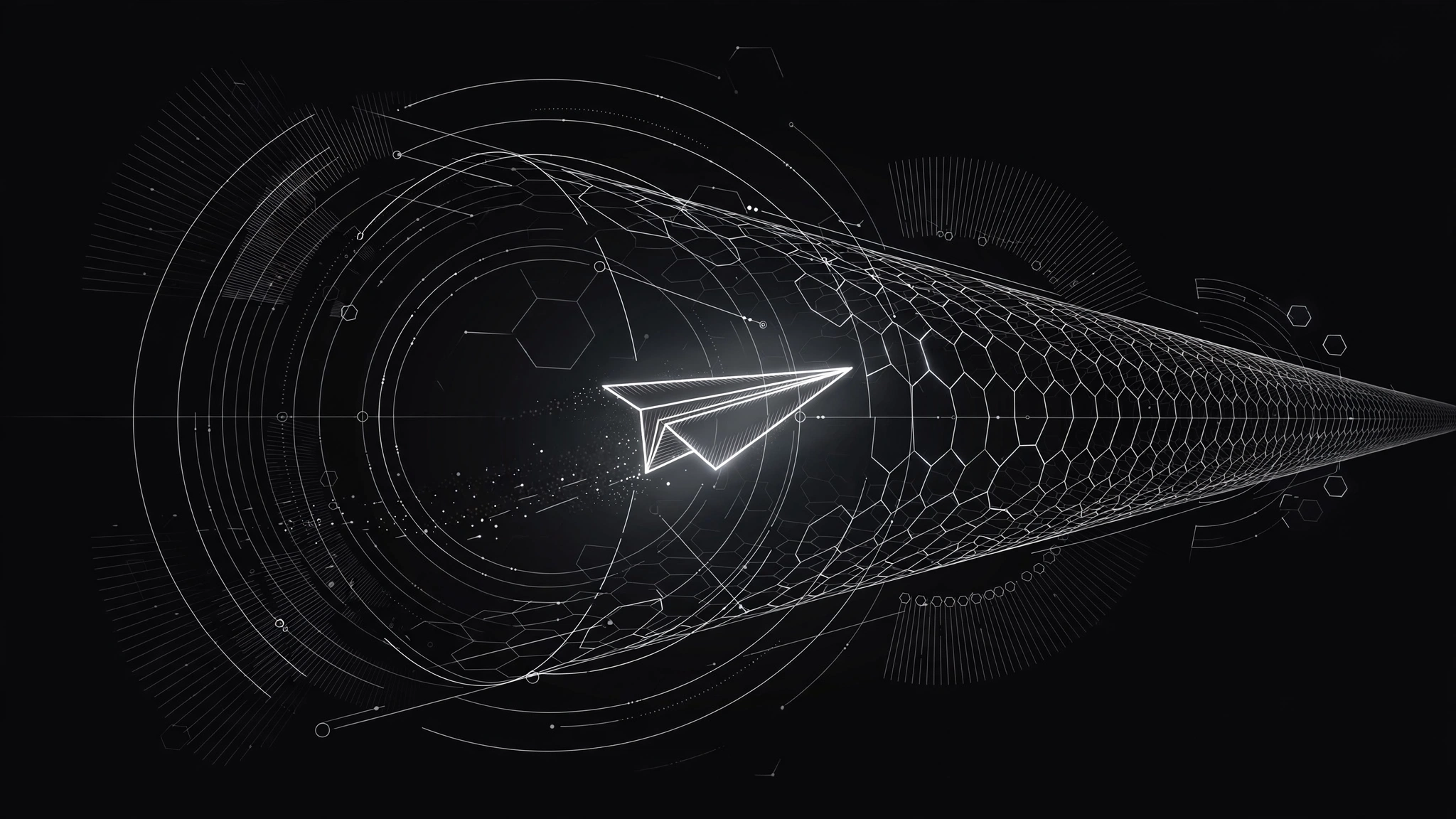 Paper-plane motif flying through a secure tunnel, illustrating a Telegram MTProto proxy connection