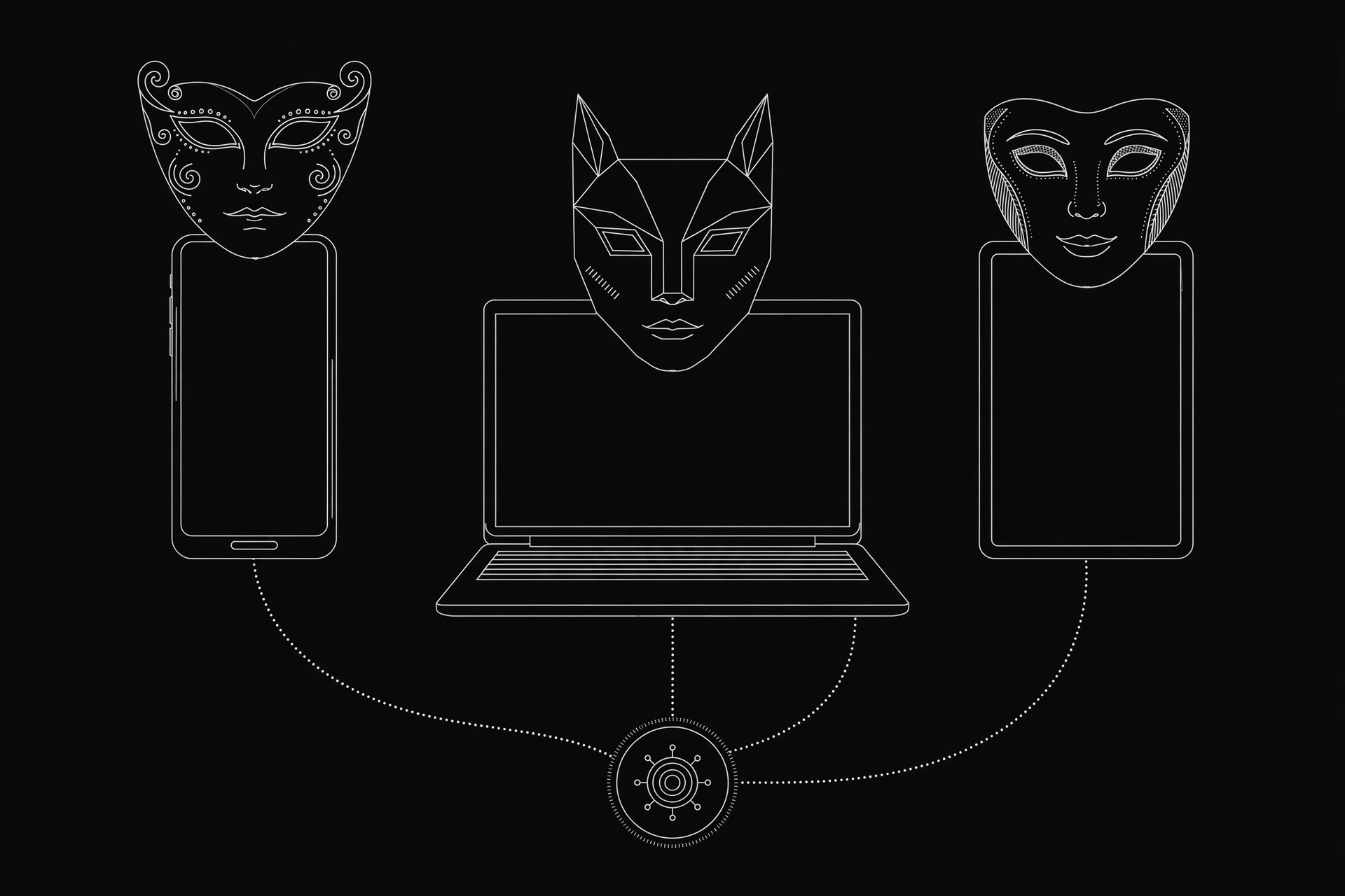 Line art of a smartphone, laptop and tablet each wearing a different mask, connected to a server node | ProxyNest Blog