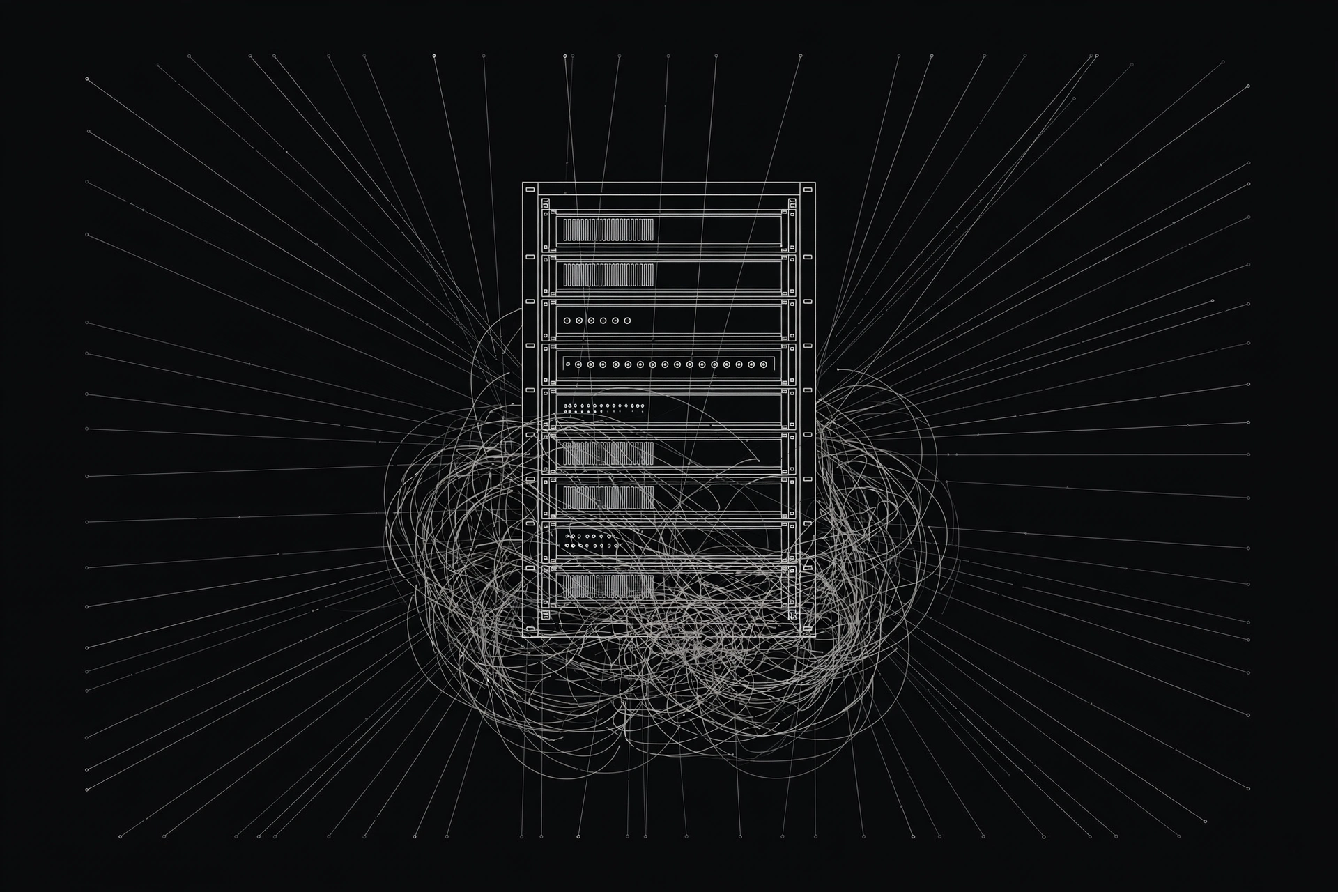 Line-art server rack with tangled connection lines converging on it, illustrating an overloaded free proxy server